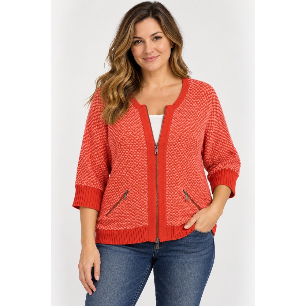 Cabi Zip Front Cardigan Women Size M Orange Pink Textured Knit Short Sleeve 195